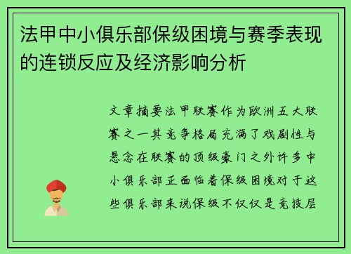 法甲中小俱乐部保级困境与赛季表现的连锁反应及经济影响分析