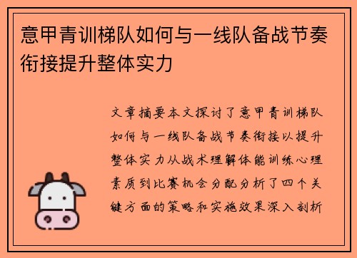 意甲青训梯队如何与一线队备战节奏衔接提升整体实力