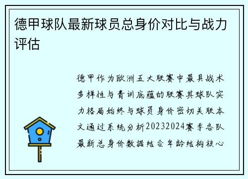 德甲球队最新球员总身价对比与战力评估
