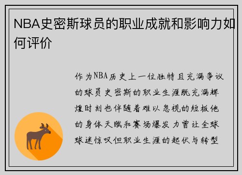 NBA史密斯球员的职业成就和影响力如何评价